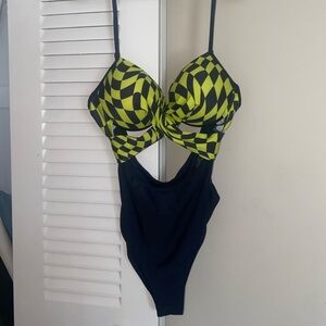 BLACK YELLOW CHECKED ONE PEICE SWIM SUIT